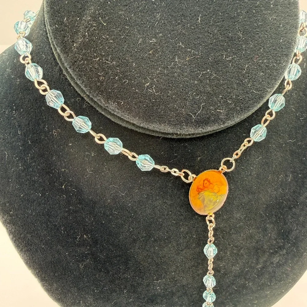 Light Blue‎ Crystal Bead Rosary Silver Tone Madonna Child Medal Crucifix 20 Inch